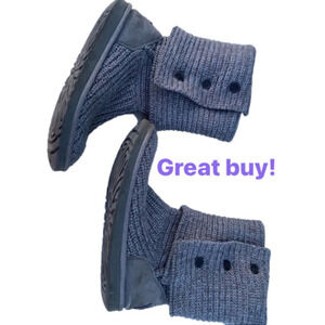 Uggs slouchy boots. Very neat; still tons of tread to grab in snow, mud and ice.